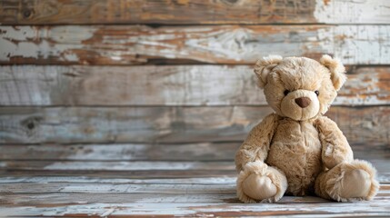 Vintage teddy bear against a wooden wall. A warm, nostalgic childhood atmosphere