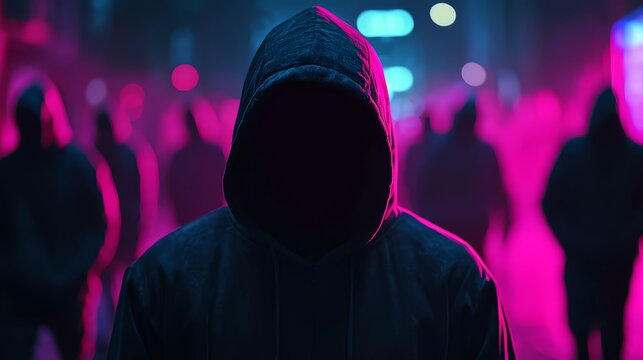 Hooded man stands in front of a group of people. The image has a moody and mysterious feel to it, as the hooded man is the only one visible in the scene