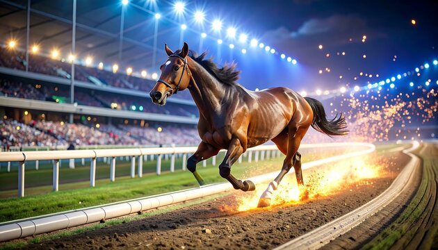A horse thundering down a track shaped like a rising stock market curve with sparks flying - Powered by Adobe