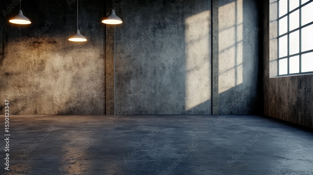 Poster Large empty room with a window and three light fixtures. The room is bare and empty, with no furniture or decorations. The light fixtures are hanging from the ceiling, providing a warm