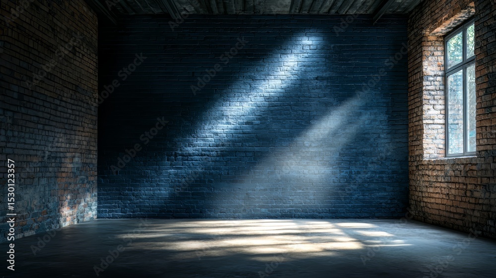 Poster large empty room with a brick wall and a window. the room is very dark and empty