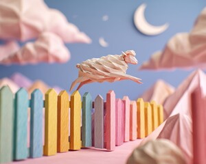 Pastel colored origami sheep leaping over a rainbow fence.