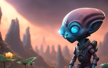 Glowing-Eyed Alien Explorer in Dreamlike Sci-Fi Landscape