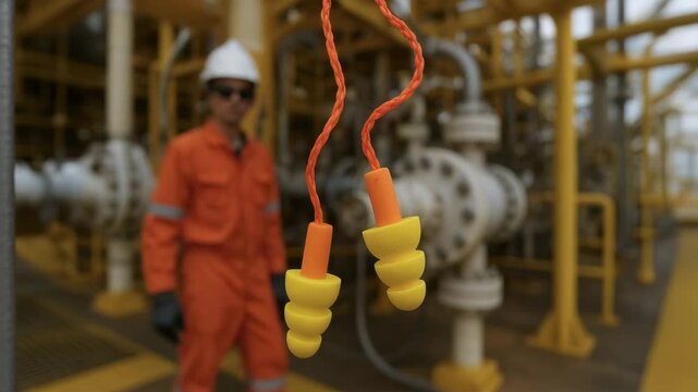 Earplugs hanging in oil and gas industry facility with worker ensuring maintenance service safety and protection protocols