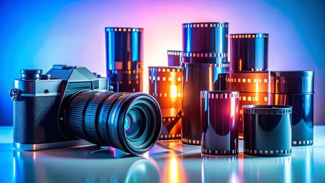 Capturing Memories: A Still Life of a Camera and Film Rolls in Vibrant Lighting
