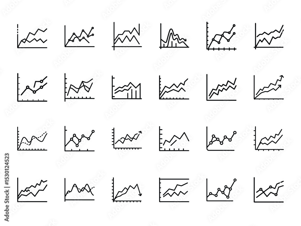 Poster collection of simple line graph icons depicting data trends and analysis