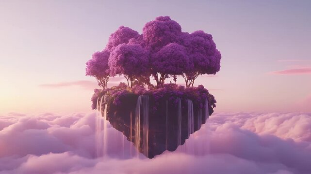 footage of a floating island with purple trees among the clouds at sunset. depicts an unreal and dreamlike scene for creative projects.