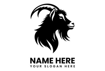 Strong goat head silhouette vector logo with large curved horns for agricultural business or farm branding