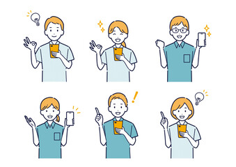 笑顔でスマホを使うポロシャツを着た男女のイラストセット