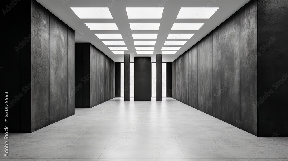 Poster large, empty room with a white ceiling and gray walls. the room is bare and empty, with no furniture
