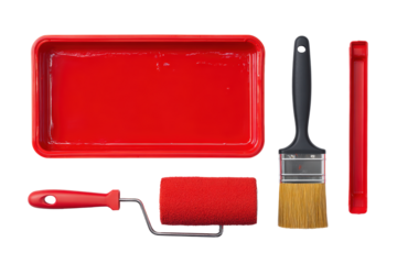Isolated paint roller and tray macro flat lay, no background