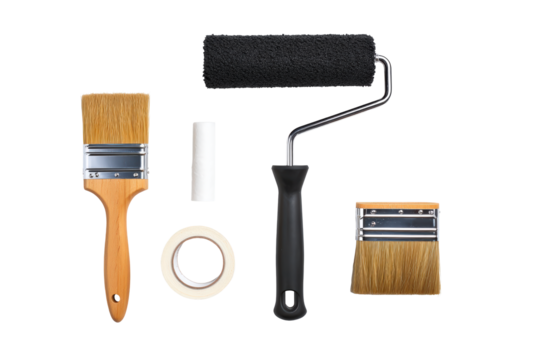 Isolated mini paint roller set macro flat lay, no background