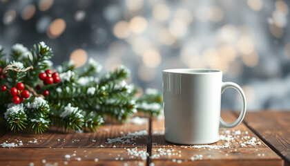 "White ceramic coffee mug resting on a rustic wooden Christmas backdrop with delicate snowflakes, lush green pine branches, and soft golden bokeh lights. Ample copy space for text, perfect product m