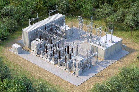 Electrical substation infrastructure with transformers, circuit breakers, and control systems surrounded by greenery, showcasing modern energy distribution technology and efficiency