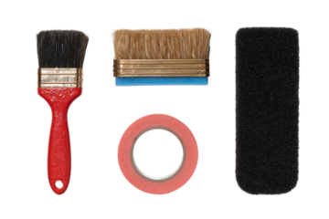 Isolated brush & tape detail macro flat lay, no background