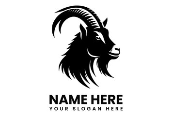 Strong goat head silhouette vector logo with large curved horns for agricultural business or farm branding