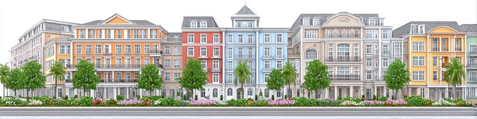Fototapeta premium Picturesque Row of Colorful Buildings with Lush Greenery