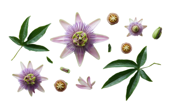 Flat-lay studio composition passionflower set, no background