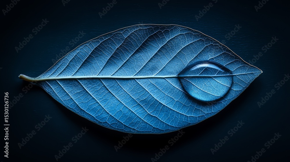 Poster leaf with a drop of water on it. the leaf is blue and the water is clear