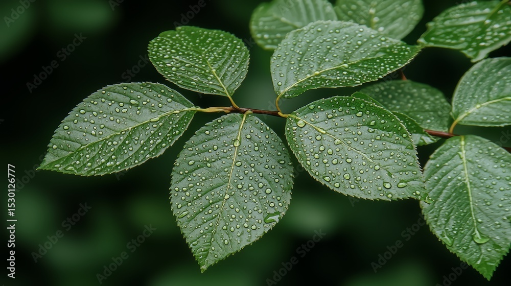 Poster Leaf with raindrops on it. The leaf is green and has a shiny appearance. The raindrops on the leaf give it a fresh and lively look