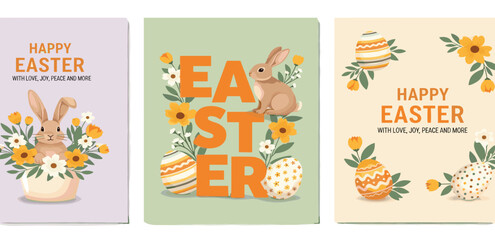 Happy Easter Set of banners, greeting cards, posters, holiday covers. Trendy design with typography, spring apple flowers, dots, eggs and bunny in pastel colors. Modern art minimalist 