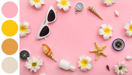 Frame made of sunglasses, plumeria flowers, seashells, sunscreen, compasses and starfish on pink background. Different color patterns