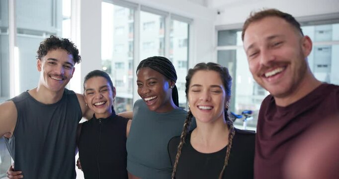 Selfie, fitness and face of friends in gym for exercise, workout and training together. Health, wellness and portrait POV of men or women smile for social media, online post and memory in sports club