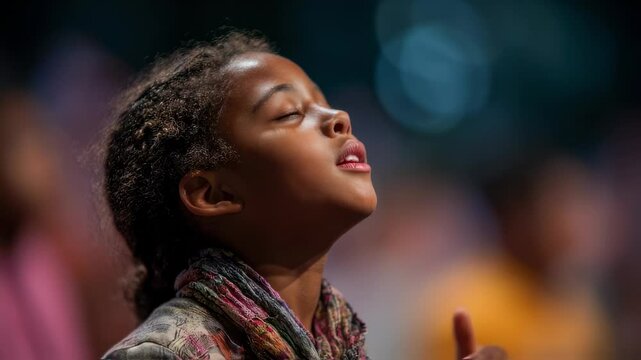 Closeup of a young girl with her hands raised in worship, eyes closed in reverence, as she sings along to a worship song.