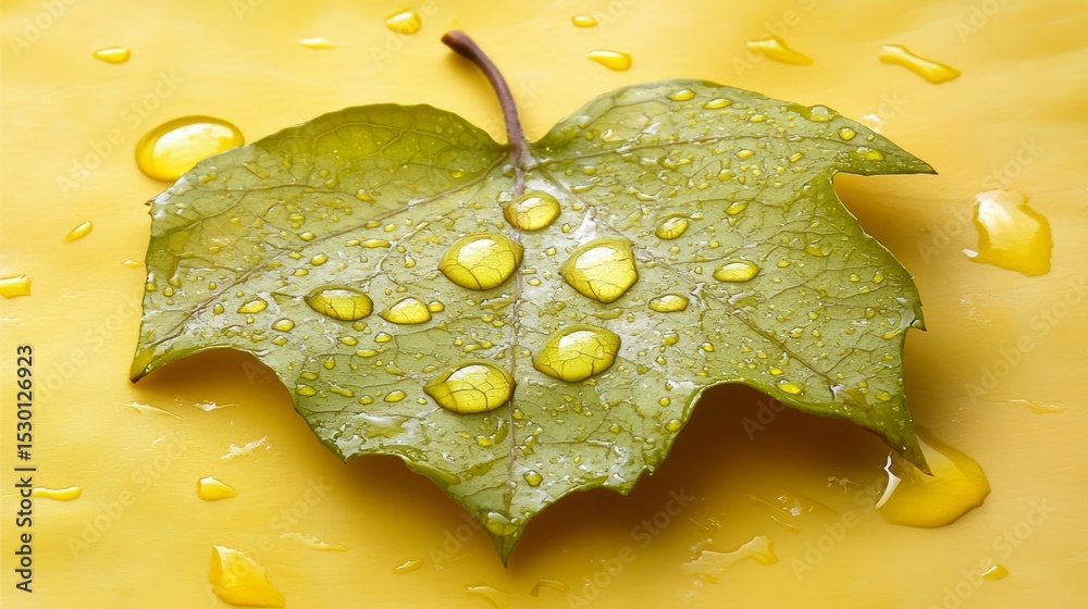 Poster leaf with water droplets on it is on a yellow surface. the leaf is green and has a shiny appearance.