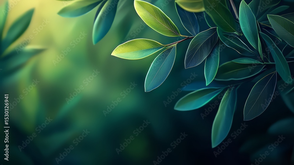 Poster leafy green background with a leafy green leaf in the foreground. the leaf is wet and has a shiny ap