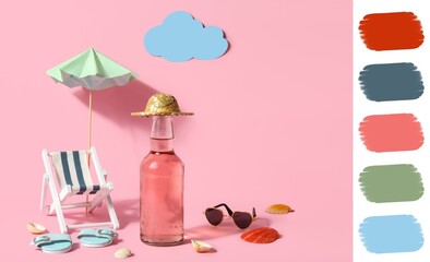 Bottle of soda with beach decor and sunglasses on pink background. Different color patterns