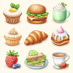 Pixel Art Food Illustrations Assorted Pastries, Burger, and Beverages