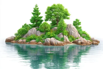 Wandcirkels Groen Pixel Art Island Green Trees, Gray Rocks, Calm Blue Water Reflection  © CHAOSUA