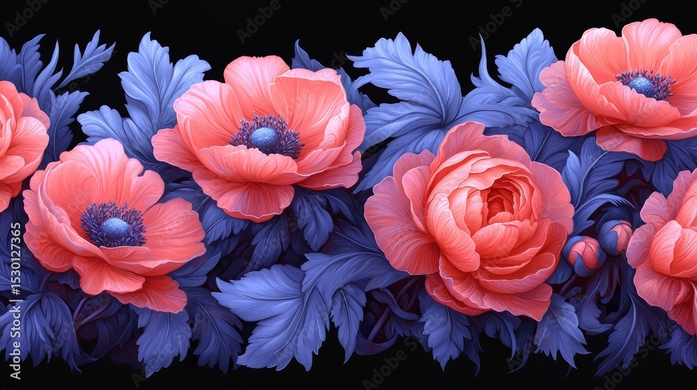 Aufkleber line of pink and blue flowers with blue leaves. the flowers are arranged in a row and are of differe