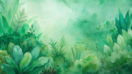 Watercolor painting of lush green tropical foliage 