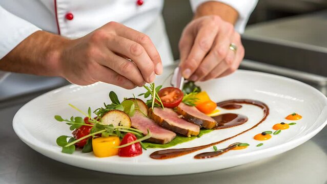 Chef plating a gourmet dish with meat and vegetable garnishes well