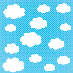 Seamless pattern with fluffy white clouds on a blue polka dot background. Cute cheerful sky design ideal for kids’ textiles, nursery décor, wrapping paper, and whimsical graphic projects.