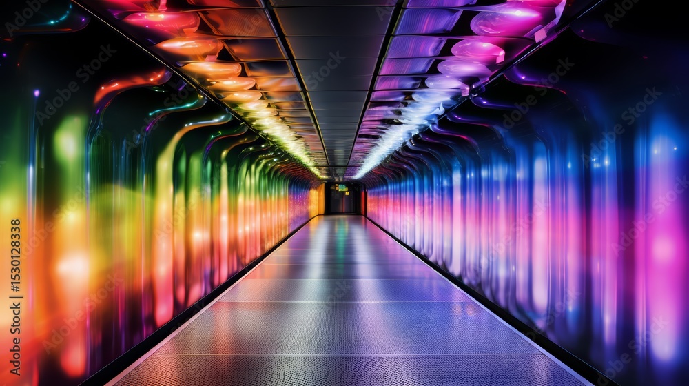 Aufkleber Long tunnel with colorful lights on the walls. The lights are in different colors and are arranged in a rainbow pattern. The tunnel appears to be a part of a building or a structure