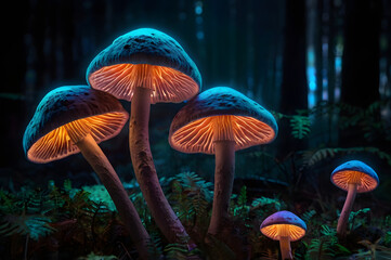 Enchanted Forest Glowing Neon Mushrooms in the Dark