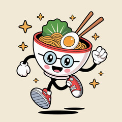Happy Noodle Bowl Mascot Running with Joy