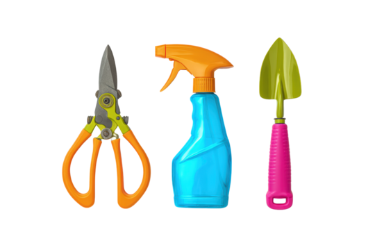 Flat-lay image of mirrored scissors-trowel-spray sets, bright lighting, top-down angle, white backdrop emphasizing precision symmetry and tidy garden aesthetic