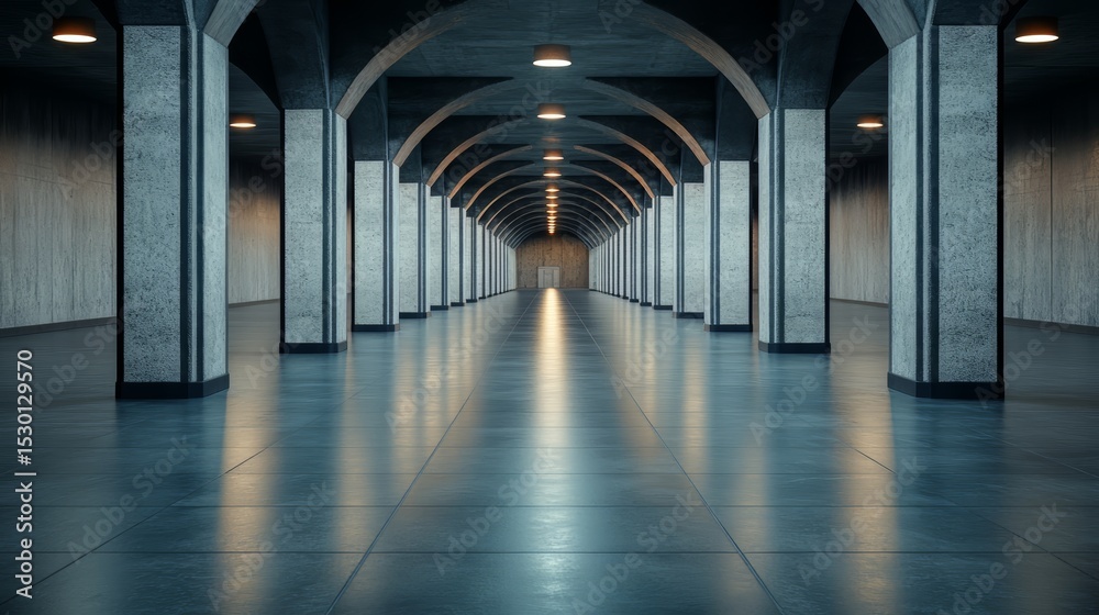 Poster long, empty hallway with a few pillars. the light is on and the floor is shiny
