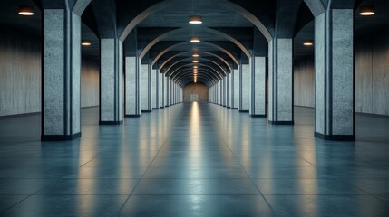 Naklejka premium Long, empty hallway with a few pillars. The light is on and the floor is shiny