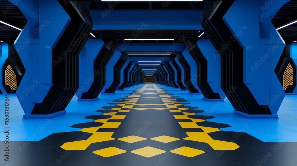 Poster narrow, blue and yellow tunnel with yellow squares on the floor. The tunnel is empty and he is a part of a futuristic space station