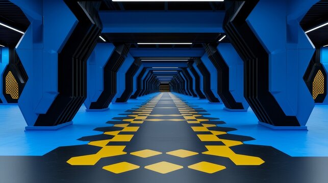 narrow, blue and yellow tunnel with yellow squares on the floor. The tunnel is empty and he is a part of a futuristic space station