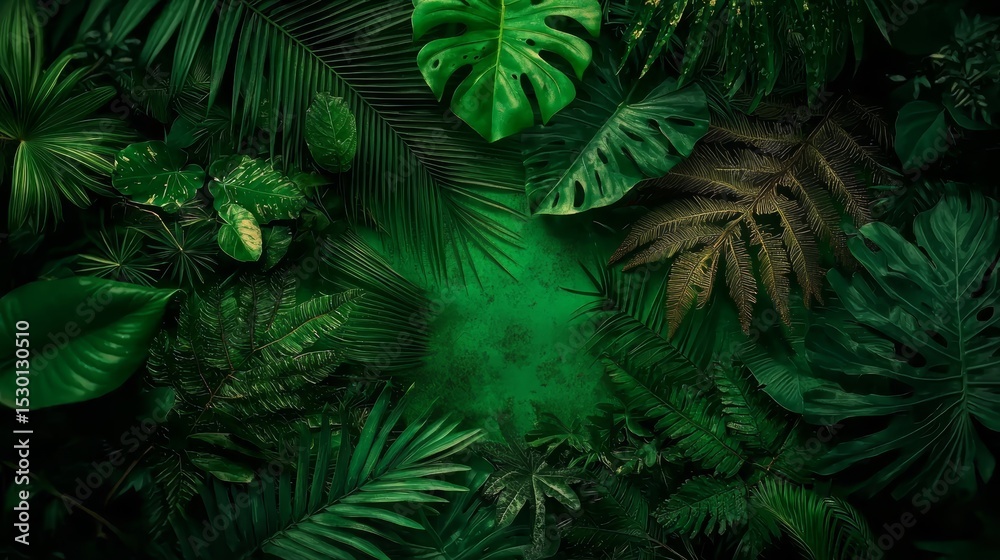 Poster lush green jungle with many different types of leaves and plants. the image is full of life and ener