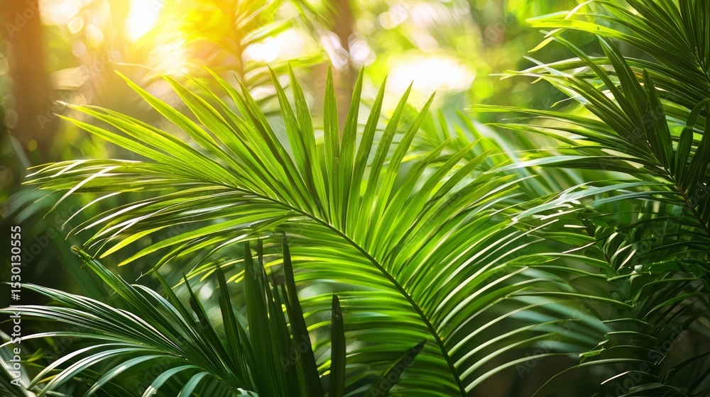 Poster lush green palm tree with leaves that are open to the sun. concept of warmth and relaxation, as the 