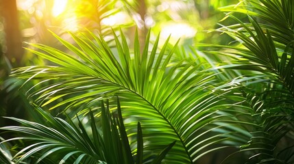 Lush green palm tree with leaves that are open to the sun. Concept of warmth and relaxation, as the palm tree is bathed in sunlight