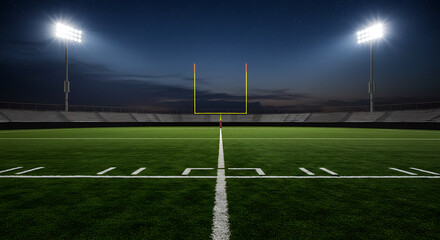 An empty American football field at night under bright stadium lights. A dramatic scene of sport, competition, and anticipation.