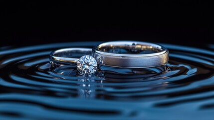 Two elegant rings rest in water, the ripples creating a mesmerizing effect, symbolizing commitment and everlasting love